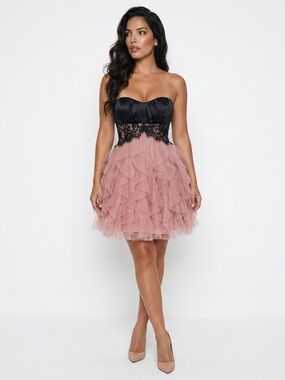TeezeMe Strapless Black Bodice with Dusty Rose Ruffled Tulle Cocktail Dress
